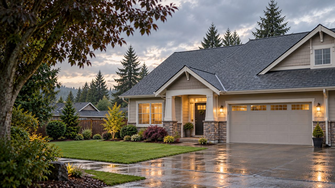 Craftsman home in Woodburn at dusk after rain, porch lights on under a dark shingle roof