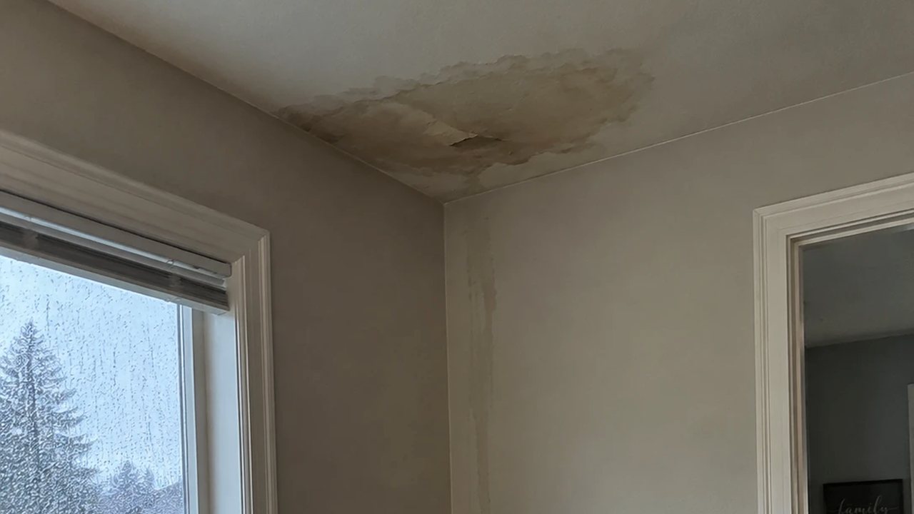 Water stain in a living-room ceiling corner with a streak running down the wall, rain on the window