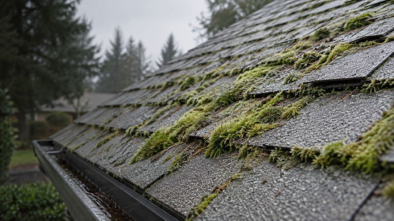Thick green moss lifting the edges of wet asphalt shingles