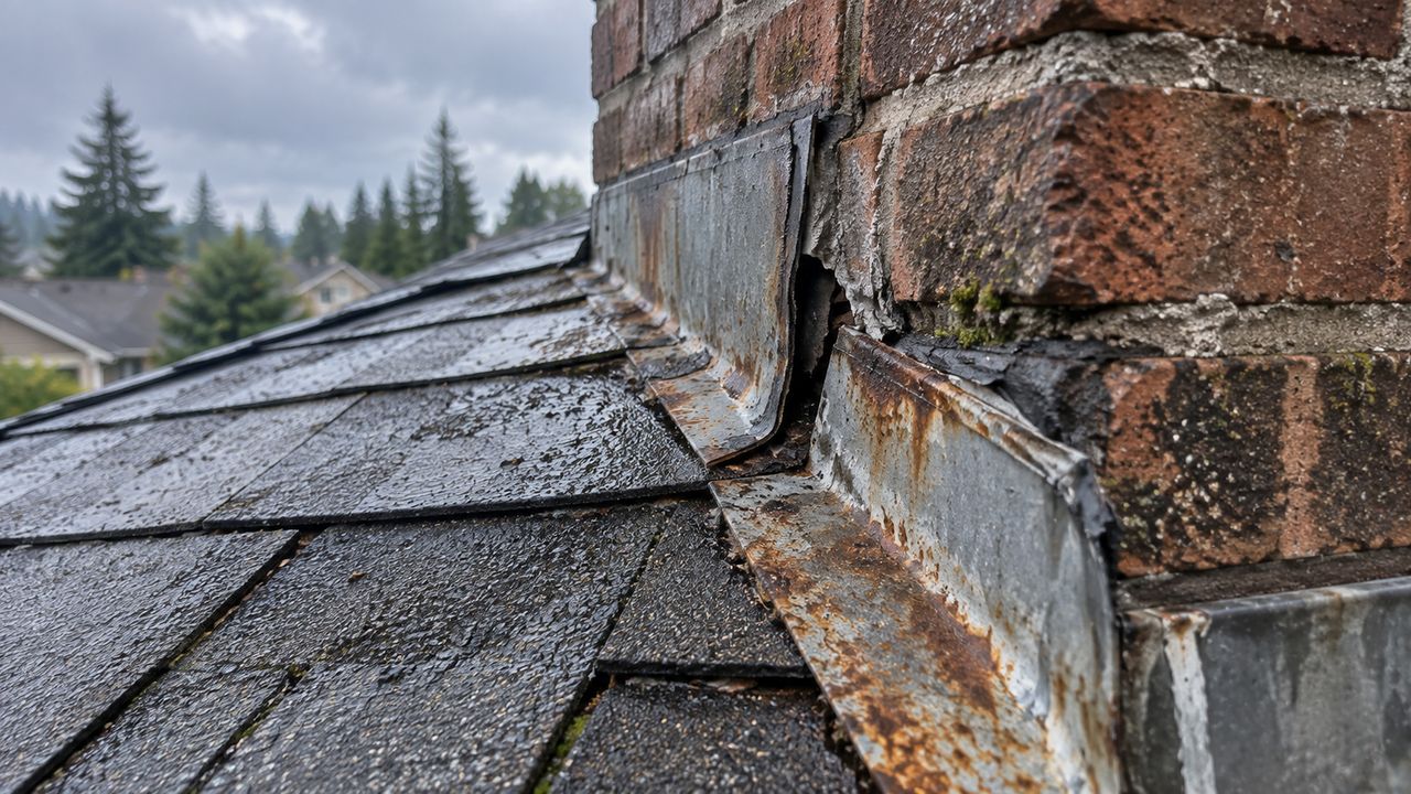 Rusted step flashing pulling away from a brick chimney