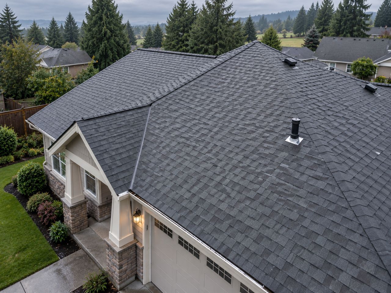 Drone view of a charcoal architectural shingle roof