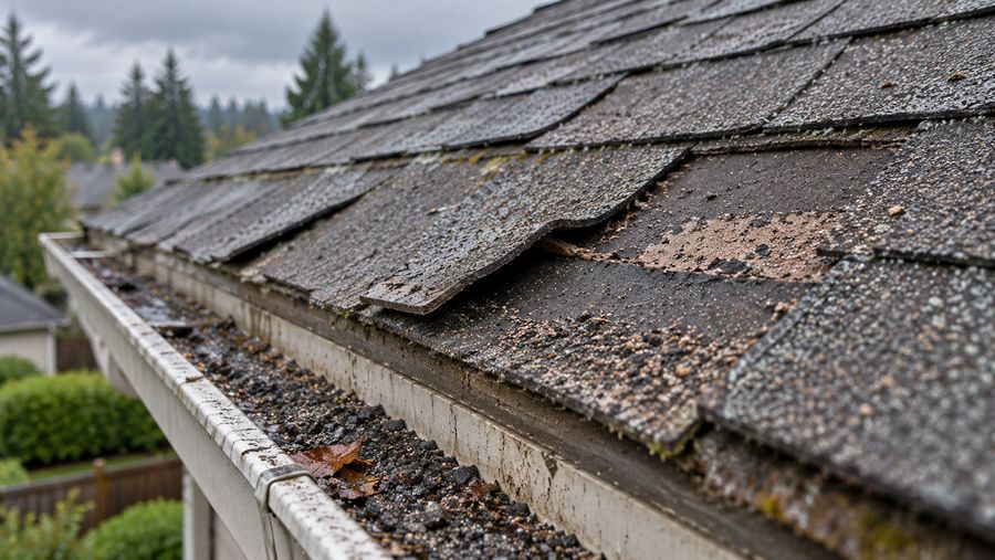 Old asphalt shingles with curling corners and bald patches, granules collecting in the gutter