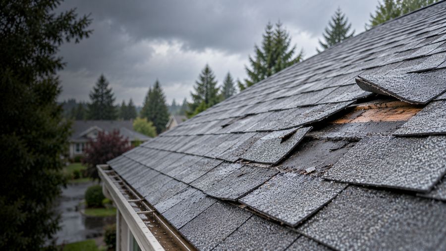 Asphalt shingles lifted and torn after a wind storm, exposing the wood underneath