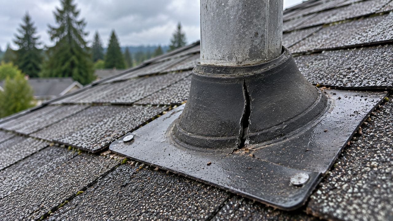 Cracked rubber boot around a roof vent pipe, a common source of leaks