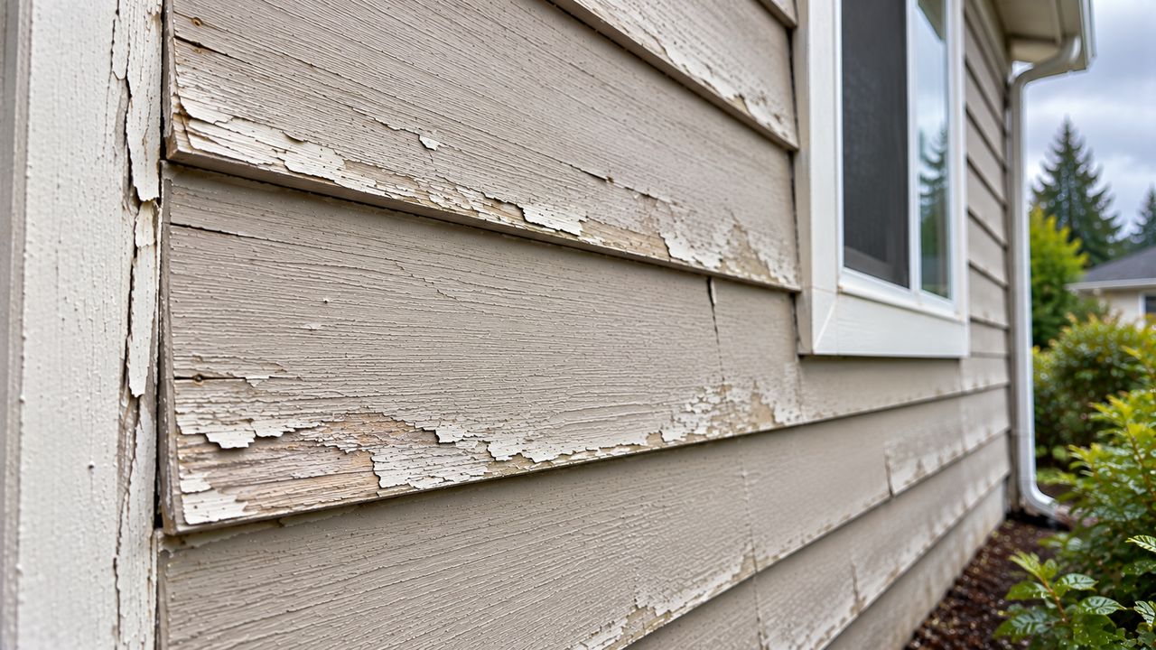 Weathered lap siding with peeling paint and a cracked board