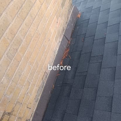 Before: worn flashing where the roof meets a brick wall