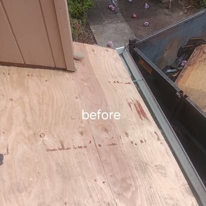 Before: old roofing torn off down to the plywood decking