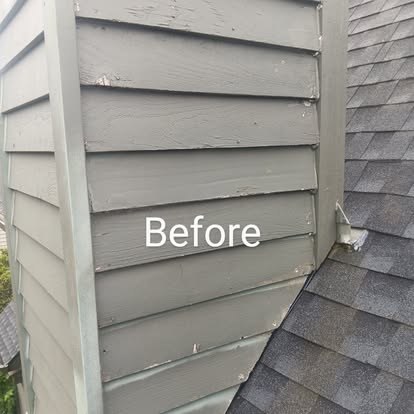 Before: weathered, peeling siding on a chimney chase